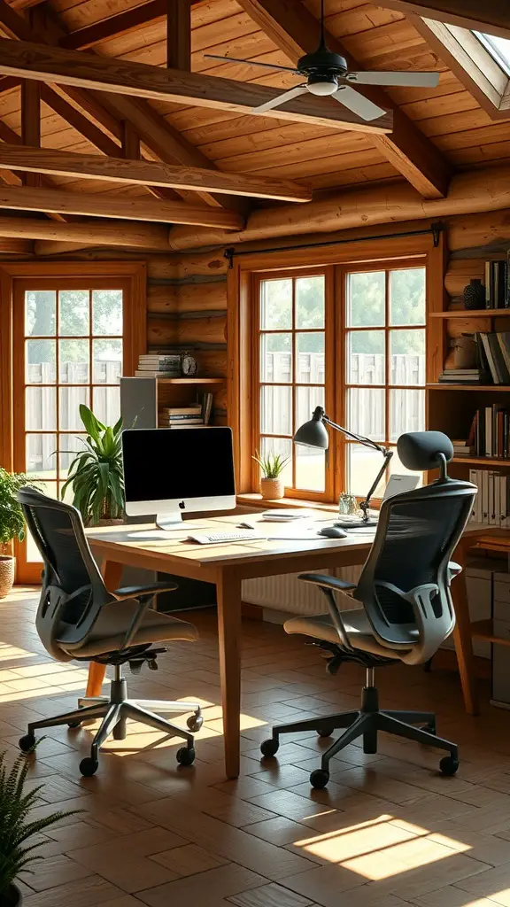 Cozy farmhouse home office with ergonomic chairs, wooden beams, and natural light.