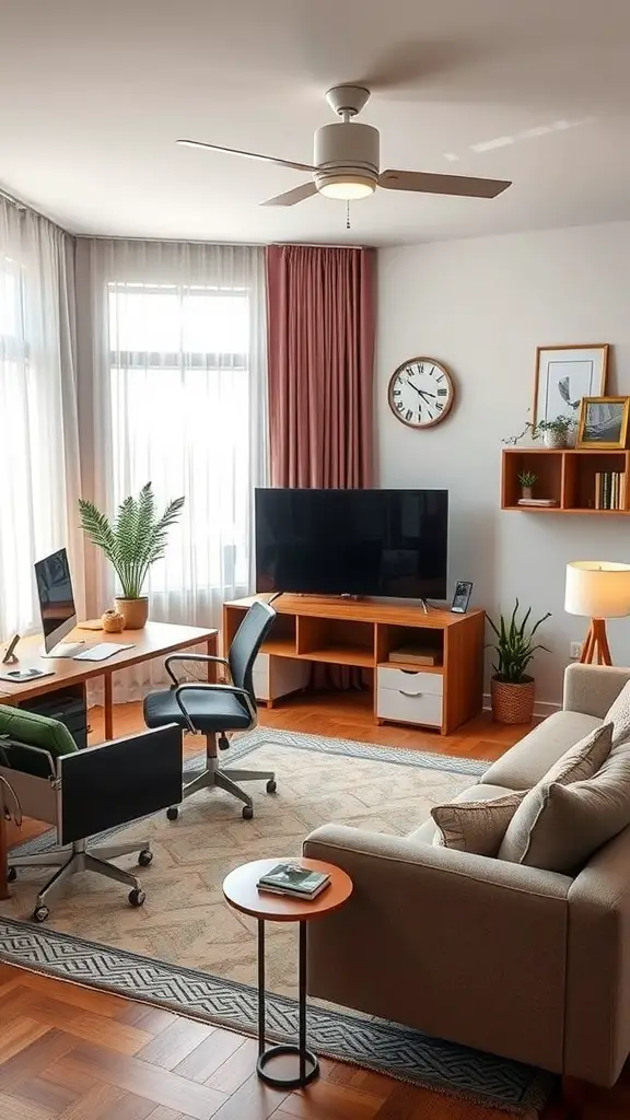 A stylish home office and TV room combo, featuring a desk, comfortable seating, and a television.