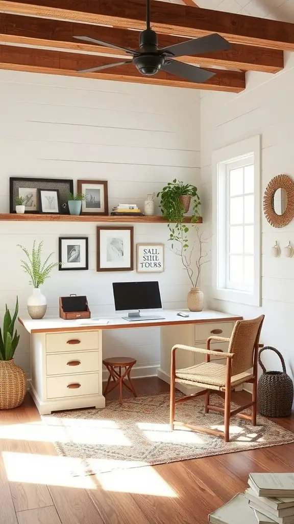 A cozy farmhouse home office with a desk, plants, and seasonal decor ideas.