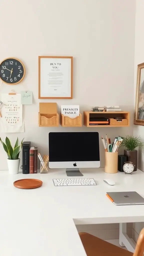 A neutral home office desk with an organized workspace, featuring a computer, plants, and storage solutions.