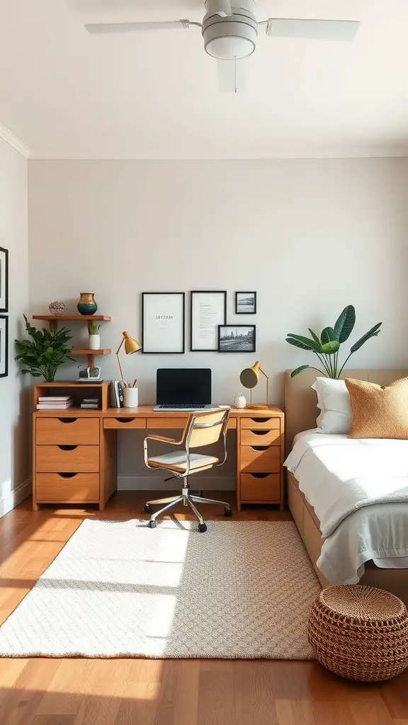 A cozy dual-purpose home office featuring a desk, chair, and bed with warm wooden decor and plants.