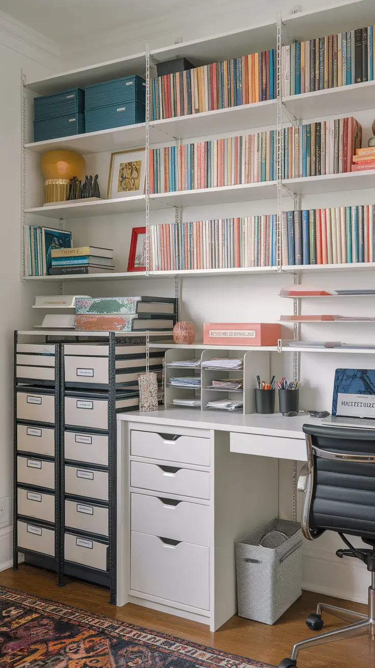 A modern home office setup featuring organized shelves, storage drawers, and a clean desk.