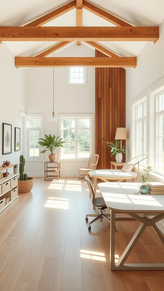 A bright farmhouse home office featuring large windows, wooden beams, and green plants.