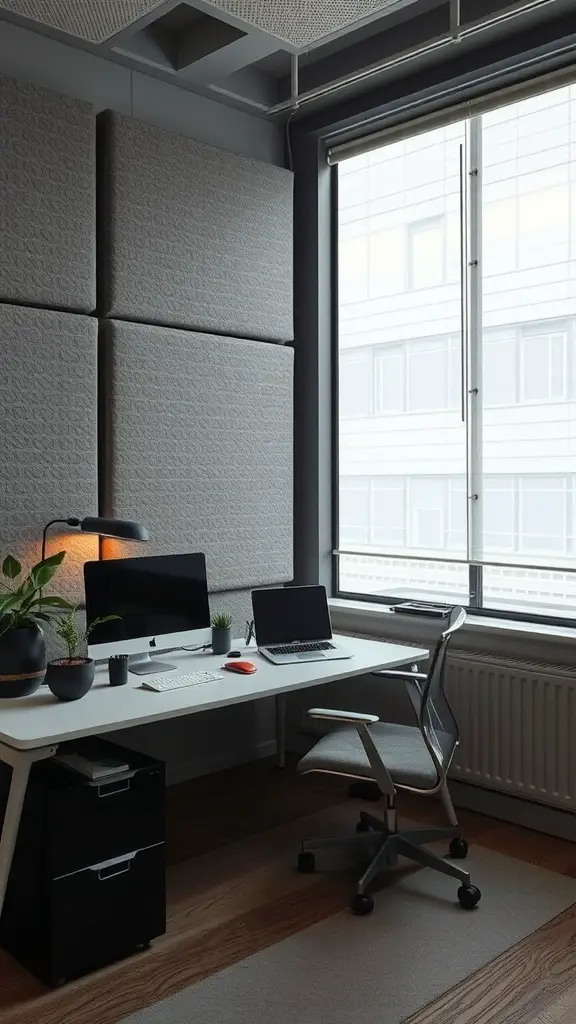 A modern small office with acoustic panels, a desk with two monitors, and a window.