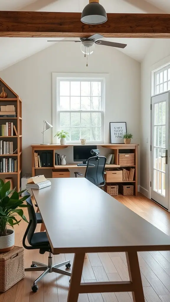 A bright farmhouse-style home office with natural light, wooden table, ergonomic chair, and organized bookshelf.