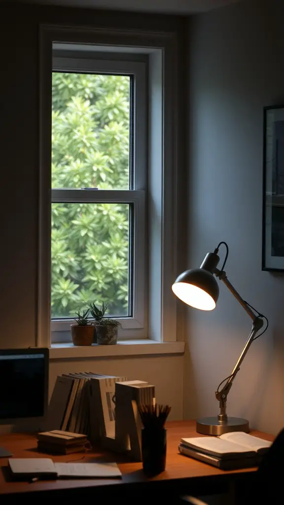 A small office setup with a desk lamp and natural light coming through a window, creating a cozy workspace.