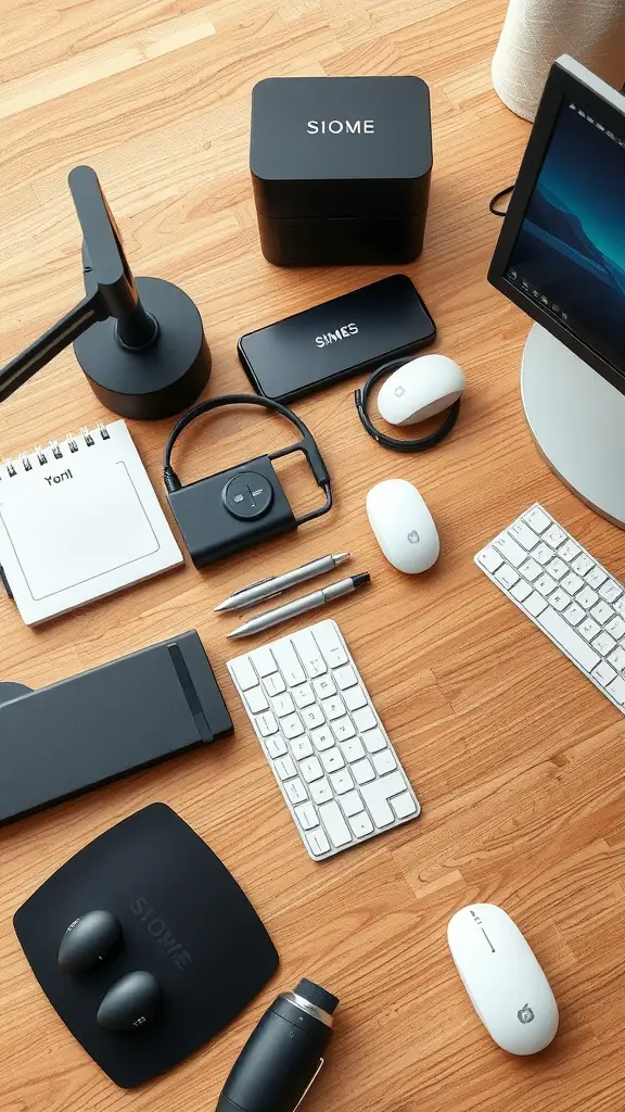 An organized home office desk featuring ergonomic accessories like a keyboard, mouse, and desk lamp.