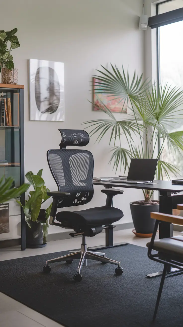 A modern ergonomic office chair next to a sleek desk in a stylish home office with plants.