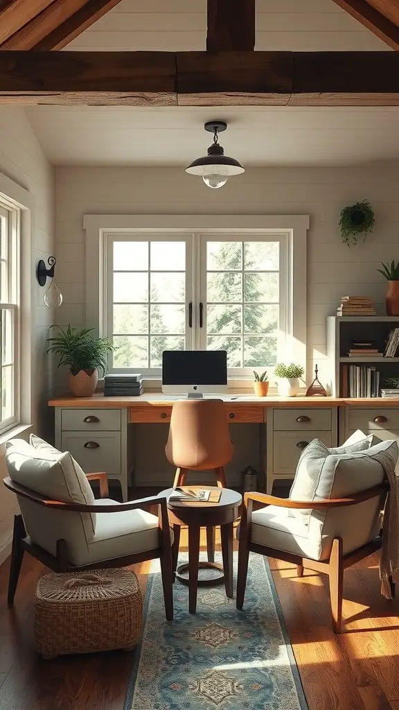 A cozy farmhouse home office featuring a relaxation corner with two comfortable chairs, a small table, and natural light from large windows.
