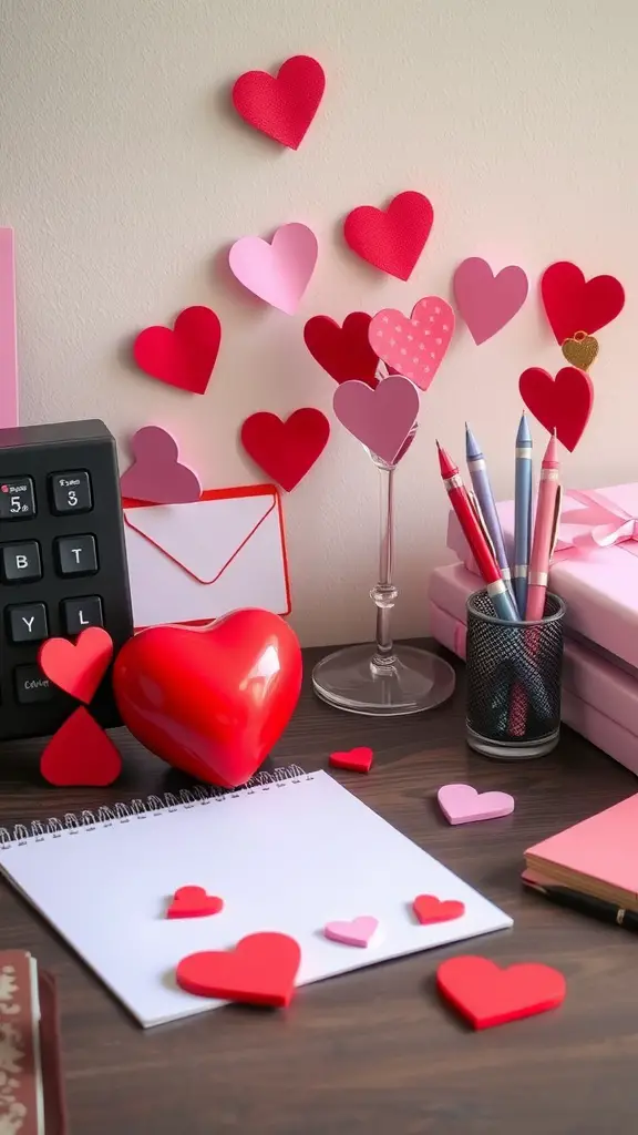 A desk decorated for Valentine's Day with heart-shaped accessories, colorful pens, and a notepad.