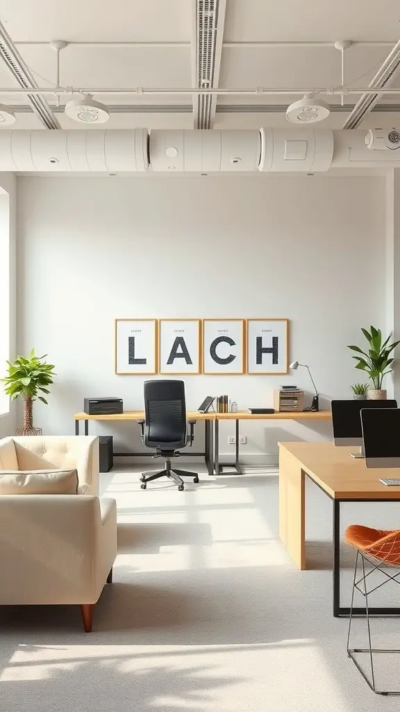 A neutral home office with two desks, a comfortable sofa, and plants, designed for collaboration.
