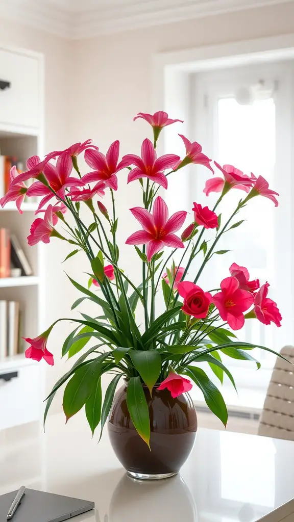 A vibrant floral arrangement featuring pink lilies and roses in a brown vase on a modern desk.