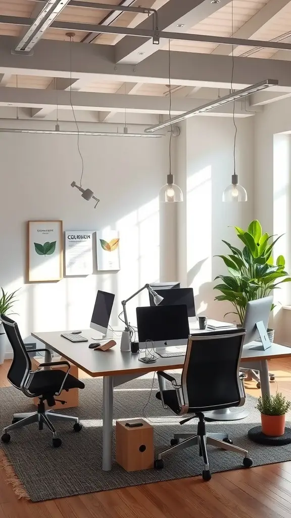 Bright, neutral home office with a central table, multiple seating, and plants
