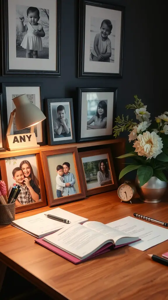 A workspace featuring a collection of framed family photos, flowers, and a desk lamp.