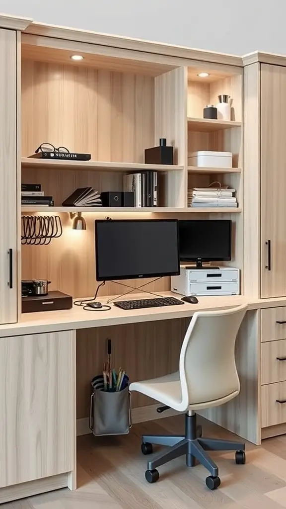 A modern built-in office desk with dual monitors, organized shelves, task lighting, and an ergonomic chair.
