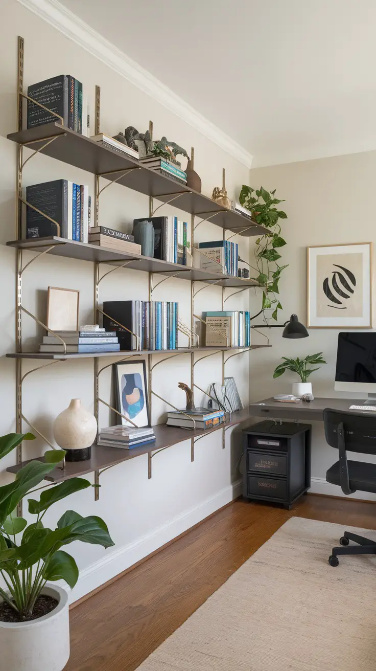 Shelving in a modern home office with books, plants, and decorative items.