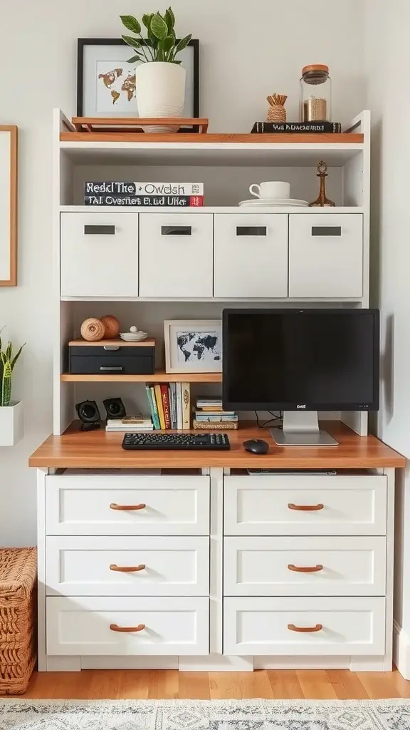 A home office desk with functional drawer systems and organized decor.