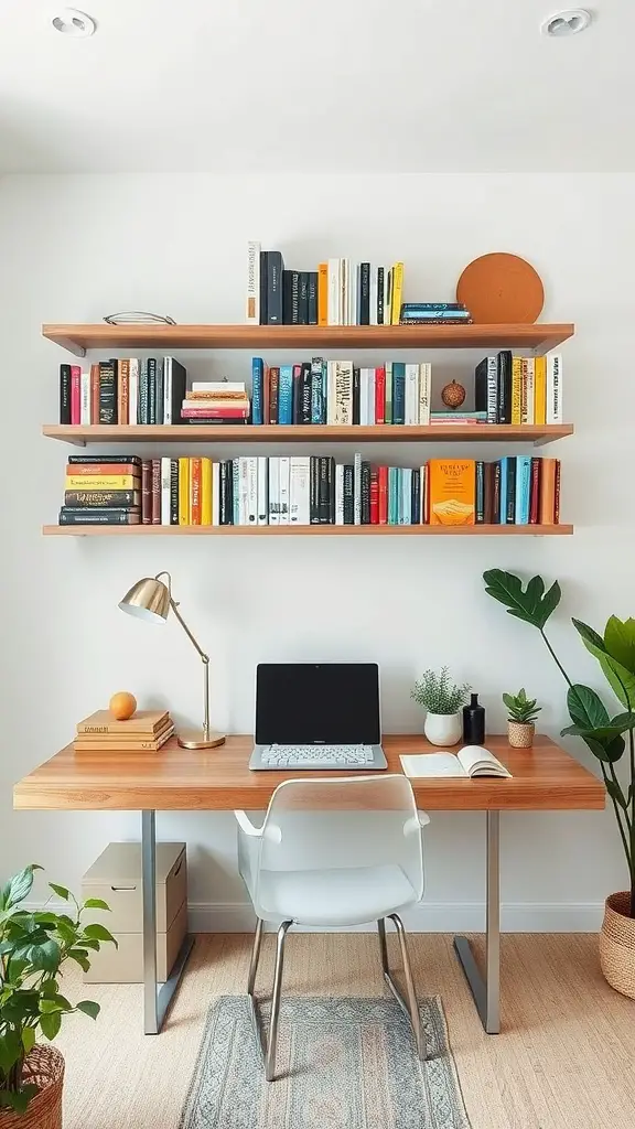 A modern home office desk with a wooden shelf filled with books, a computer, and decorative items.