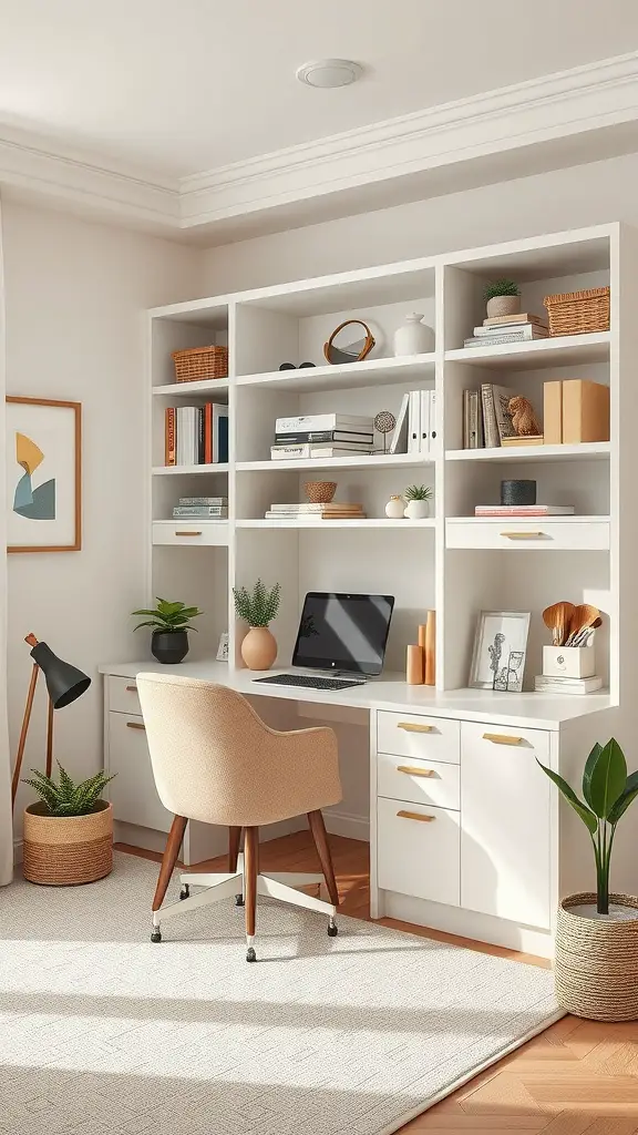 A well-organized home office with a white desk, shelves filled with books and decorative items, plants, and a floor lamp.