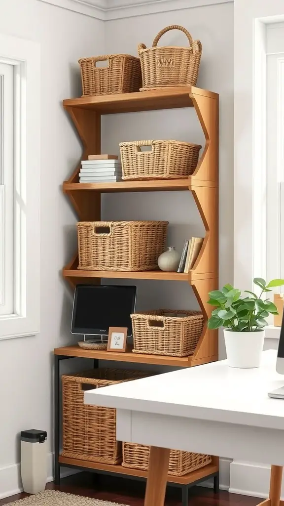 Stylish wooden shelving unit with woven baskets and a small monitor in a farmhouse home office setting