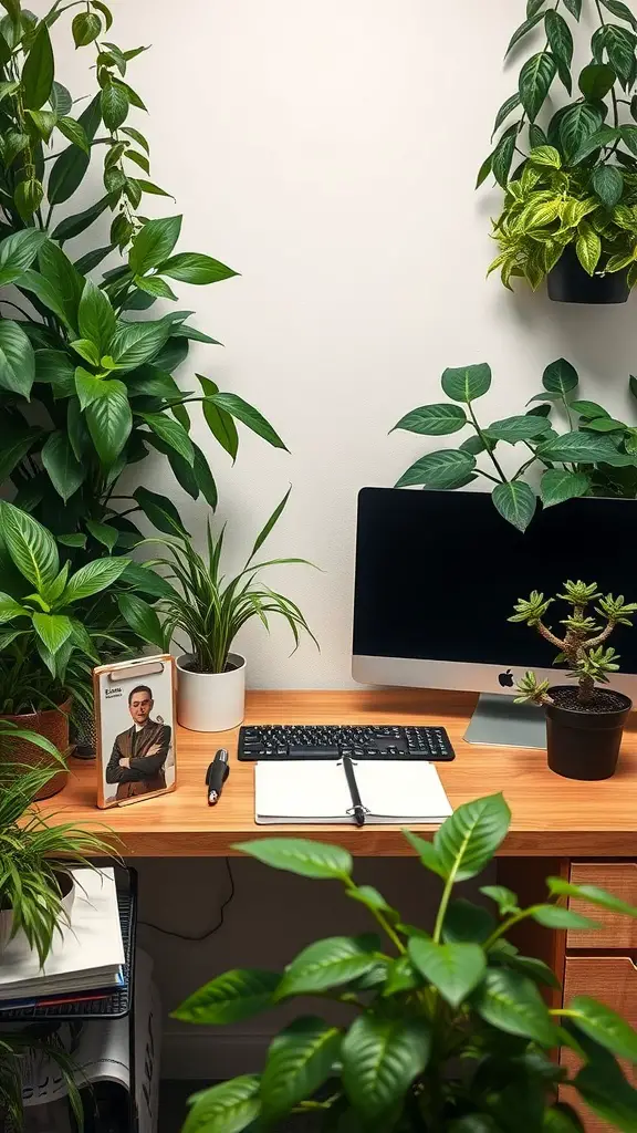 A home office desk with various green plants, a computer, and stationery