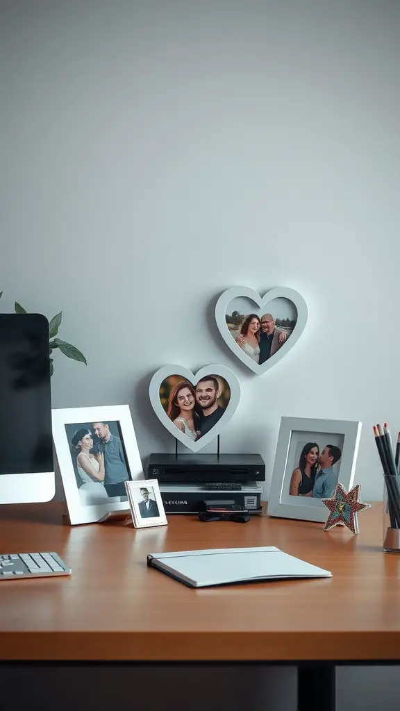 A desk with heart-shaped photo frames displaying pictures, a computer, and stationery.