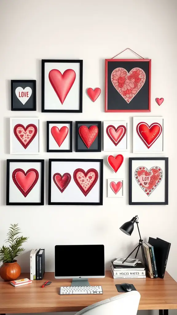 A wall decorated with various heart-themed framed artworks in a home office setting, featuring shades of red and pink.