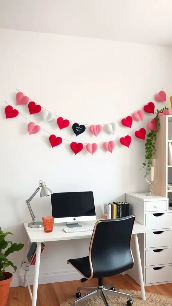 A colorful heart garland hanging on a wall in a home office, above a desk with a computer and chair.