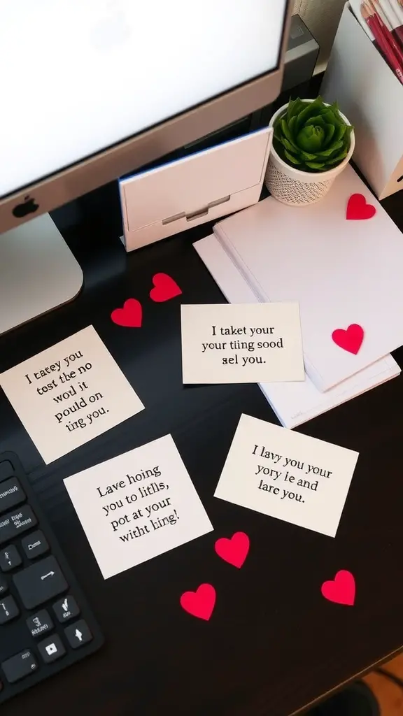 A desk setup with heart-shaped decorations and handwritten quotes for Valentine's Day.