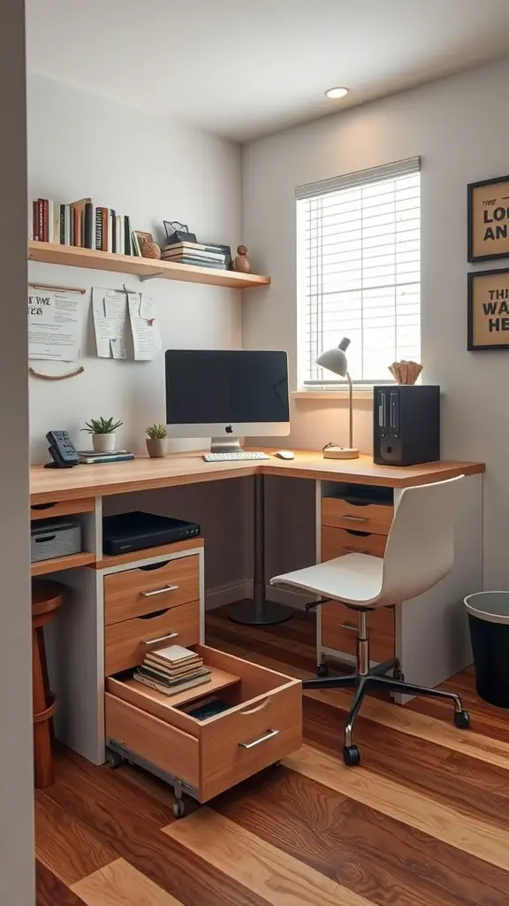 A small office with a wooden desk, computer, and organized shelves