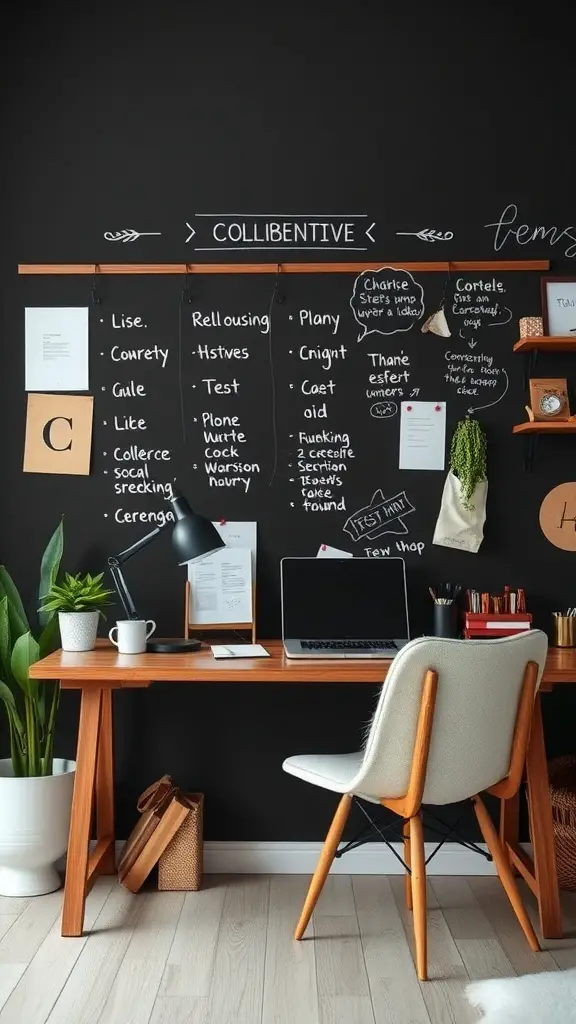 A modern home office featuring a chalkboard wall with organized notes and a wooden desk.