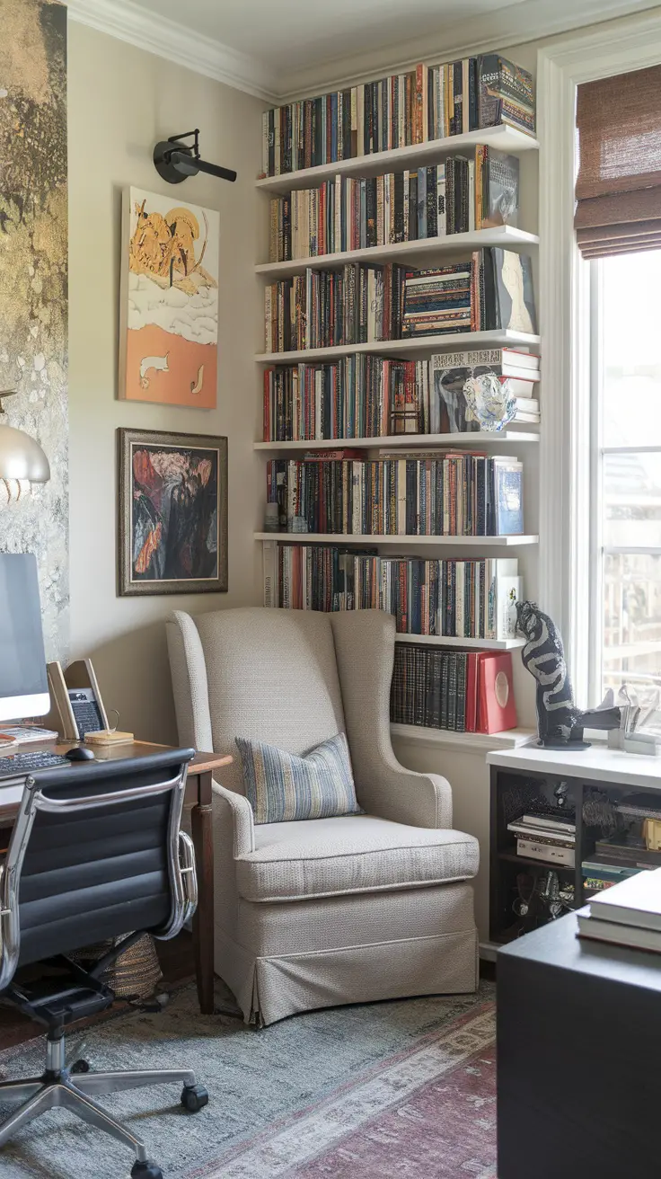 A cozy reading nook in a modern home office featuring a comfortable armchair, bookshelves filled with books, and soft lighting.
