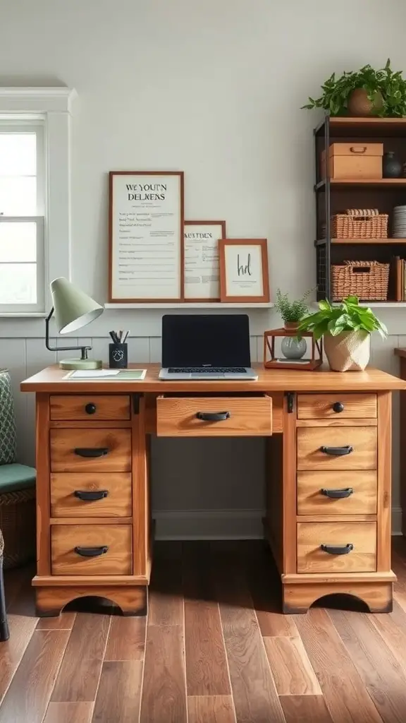 Wooden desk with drawers in a farmhouse home office setting