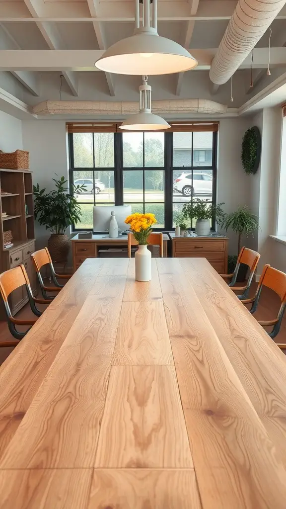 A spacious farmhouse table surrounded by chairs in a bright home office setting.