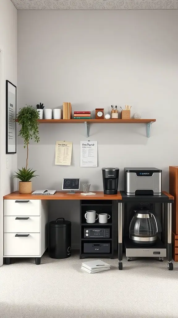 A small office corner featuring a coffee station with a coffee maker, mugs, and a potted plant.