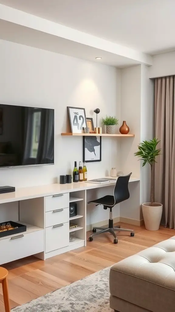 A modern home office with a mini bar area, featuring a desk, TV, and decorative elements.