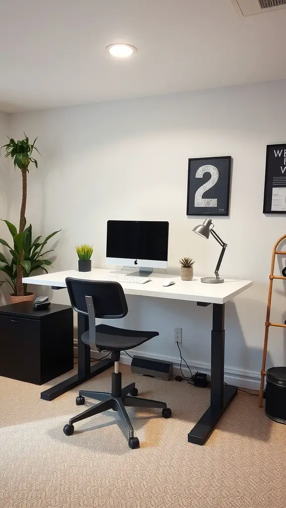 A modern home office setup featuring a stand-up desk with a computer, chair, and plants.