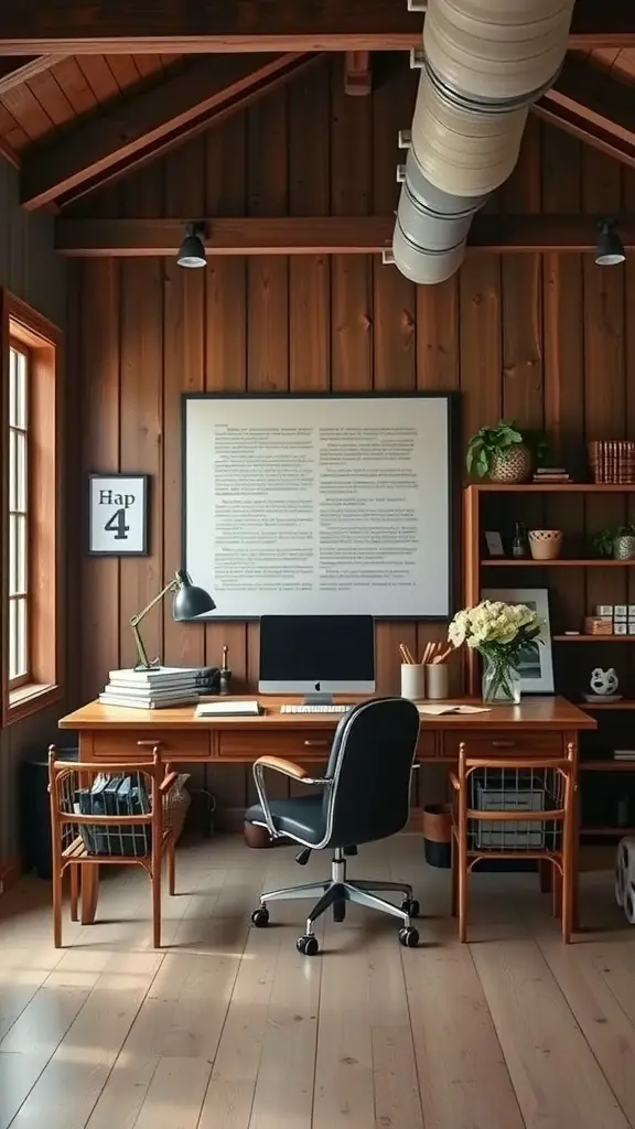 A cozy farmhouse home office featuring wooden walls, a large framed text piece, a classic desk, and stylish accessories.
