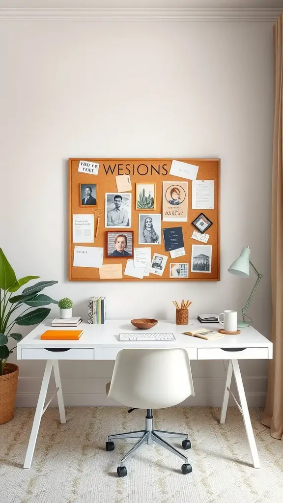 A modern home office with a corkboard filled with quotes, images, and notes, a white desk, a plant, and a comfortable chair.