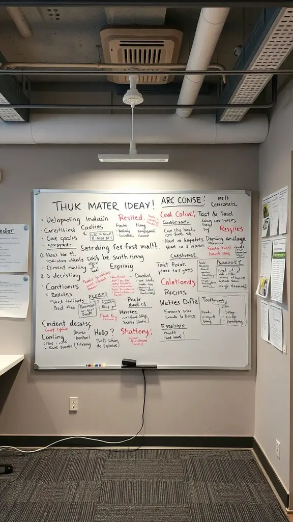 A whiteboard filled with notes and ideas in a home office setup.