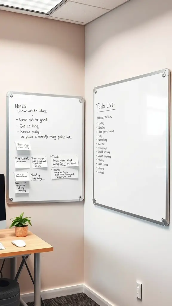 A cozy office corner featuring two whiteboards for notes and a to-do list, alongside a wooden desk and a potted plant.