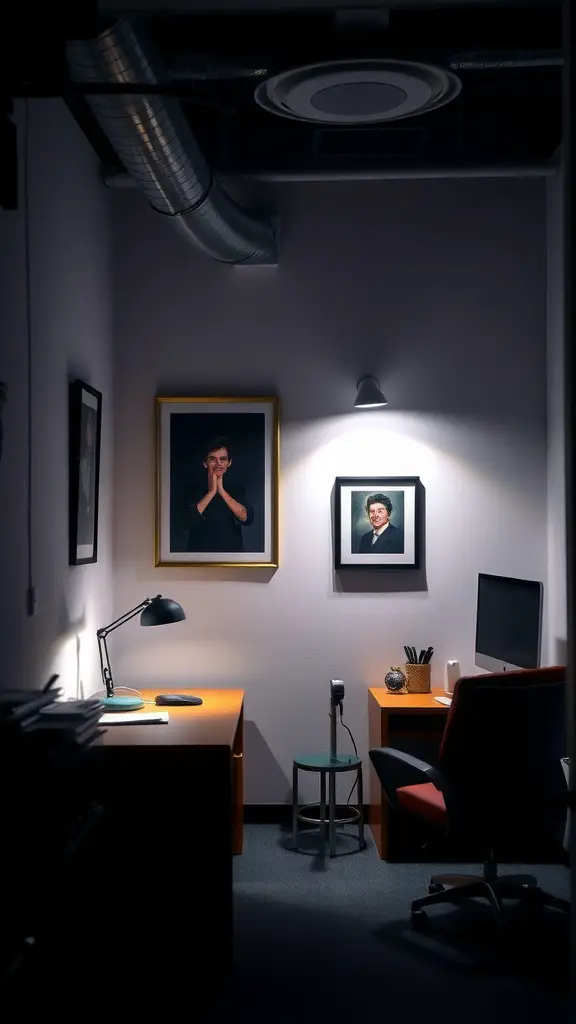 A small office with accent lighting, featuring a desk, chair, and framed portraits on the wall.