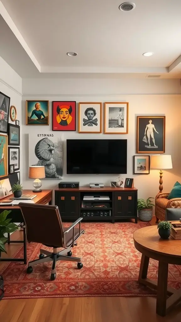 A cozy home office and TV room combo featuring a gallery wall of art, a desk, comfortable seating, and plants.