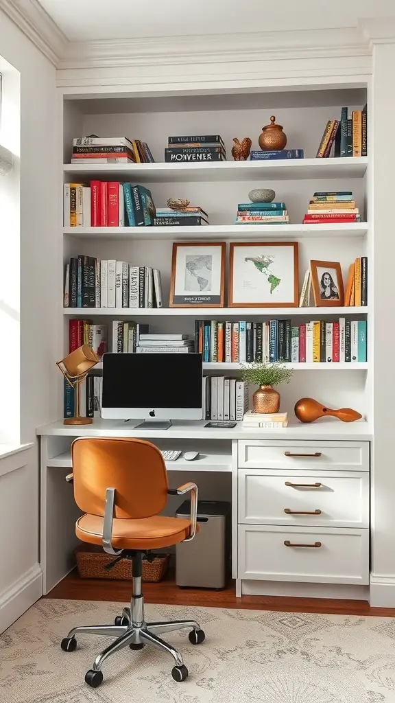 A cozy home office featuring a well-organized bookshelf with a mix of books and decorative items.