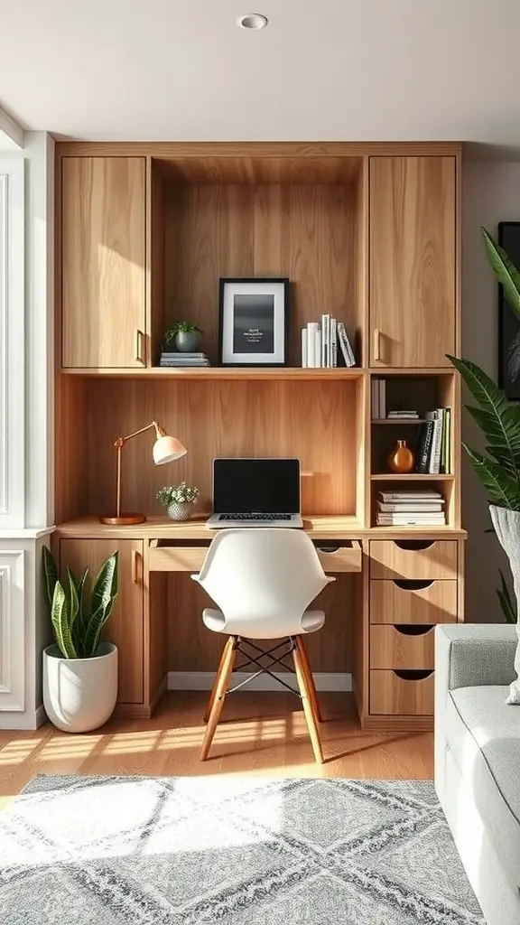 A cozy built-in office desk with wooden cabinetry, a laptop, and a stylish chair in a well-lit room.