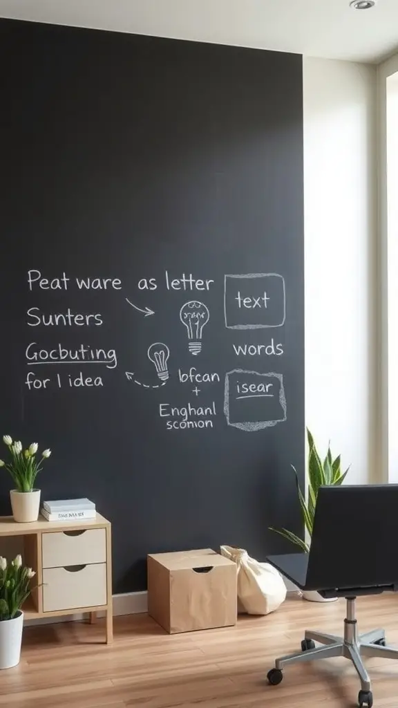 Chalkboard wall in a home office with sketches and notes