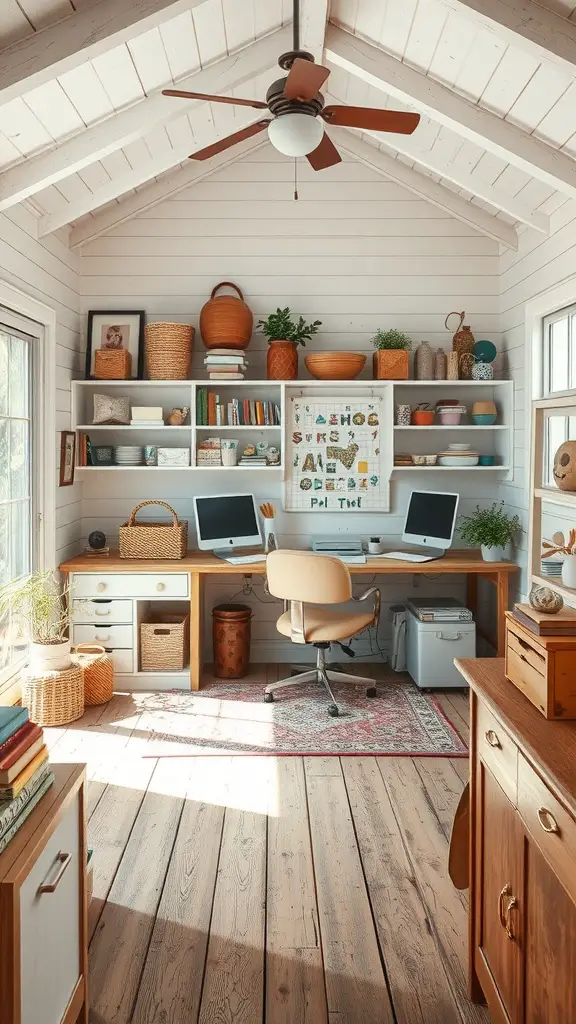 A bright farmhouse home office with a crafting space, featuring a wooden desk, two monitors, shelves with books and plants, and cozy decor.