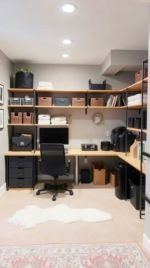 A well-organized basement home office with shelves and storage solutions.