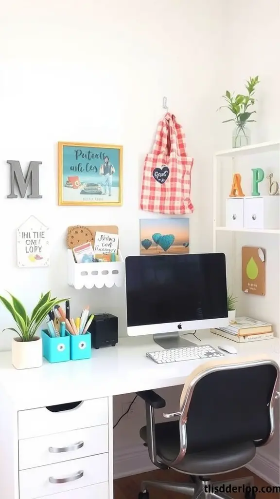 A bright and cozy office space featuring a modern desk, computer, and personalized decor including framed art and plants.