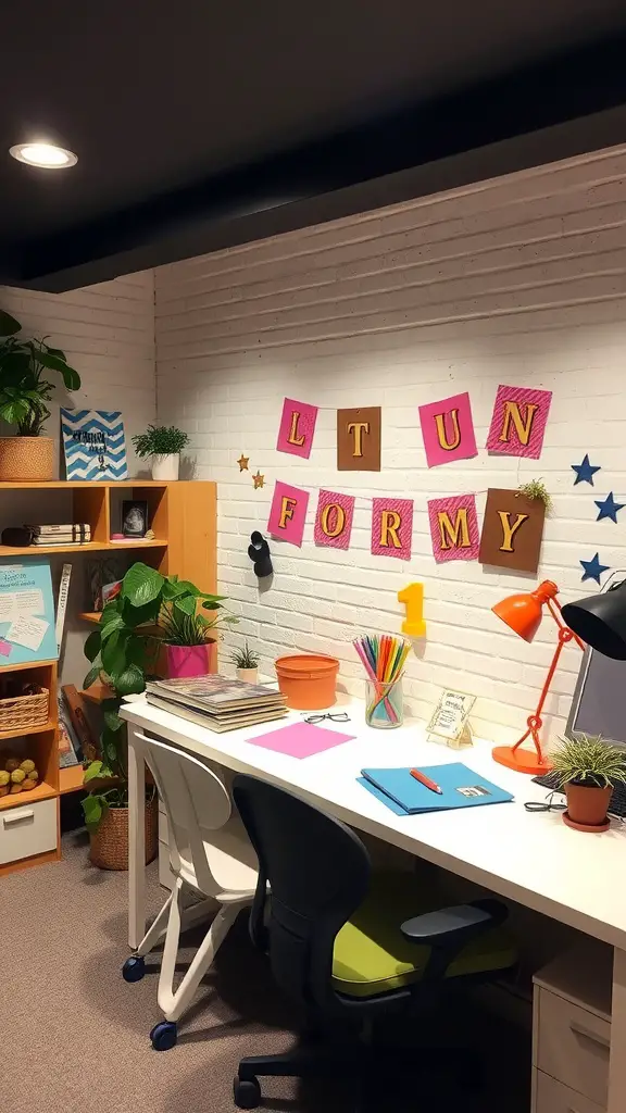 A lively home office setup in a basement with colorful decorations, plants, and a bright desk lamp.